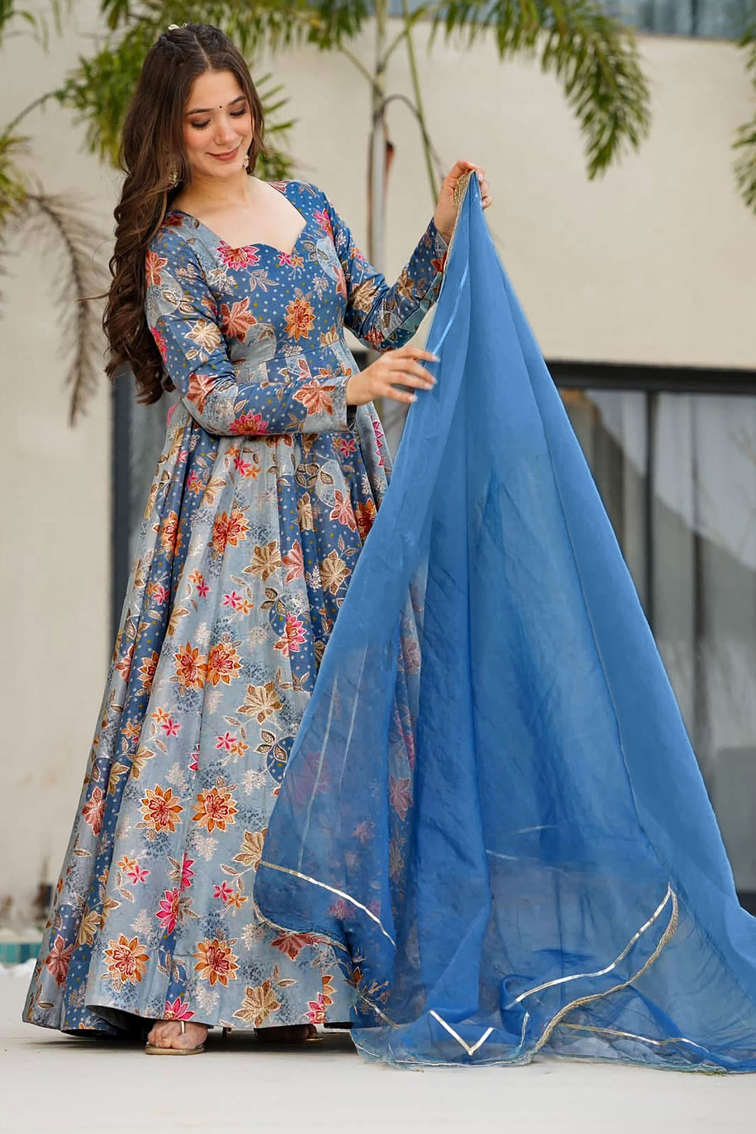 Art Silk Sky Blue Color Readymade Long Gown With Dupatta