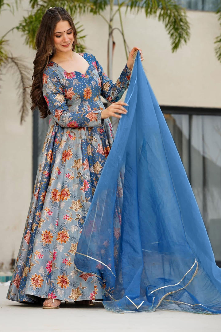 Art Silk Sky Blue Color Readymade Long Gown With Dupatta