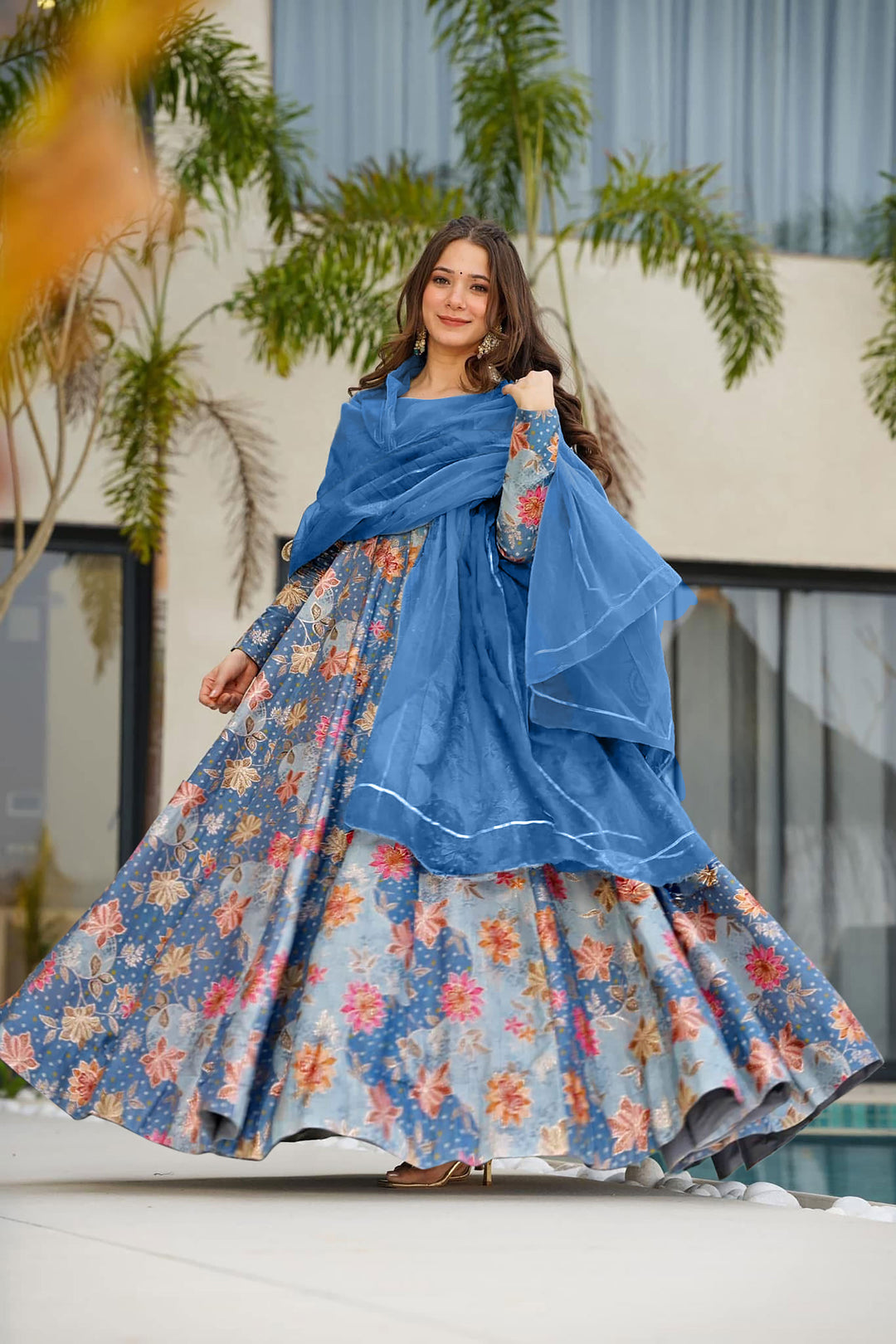 Art Silk Sky Blue Color Readymade Long Gown With Dupatta