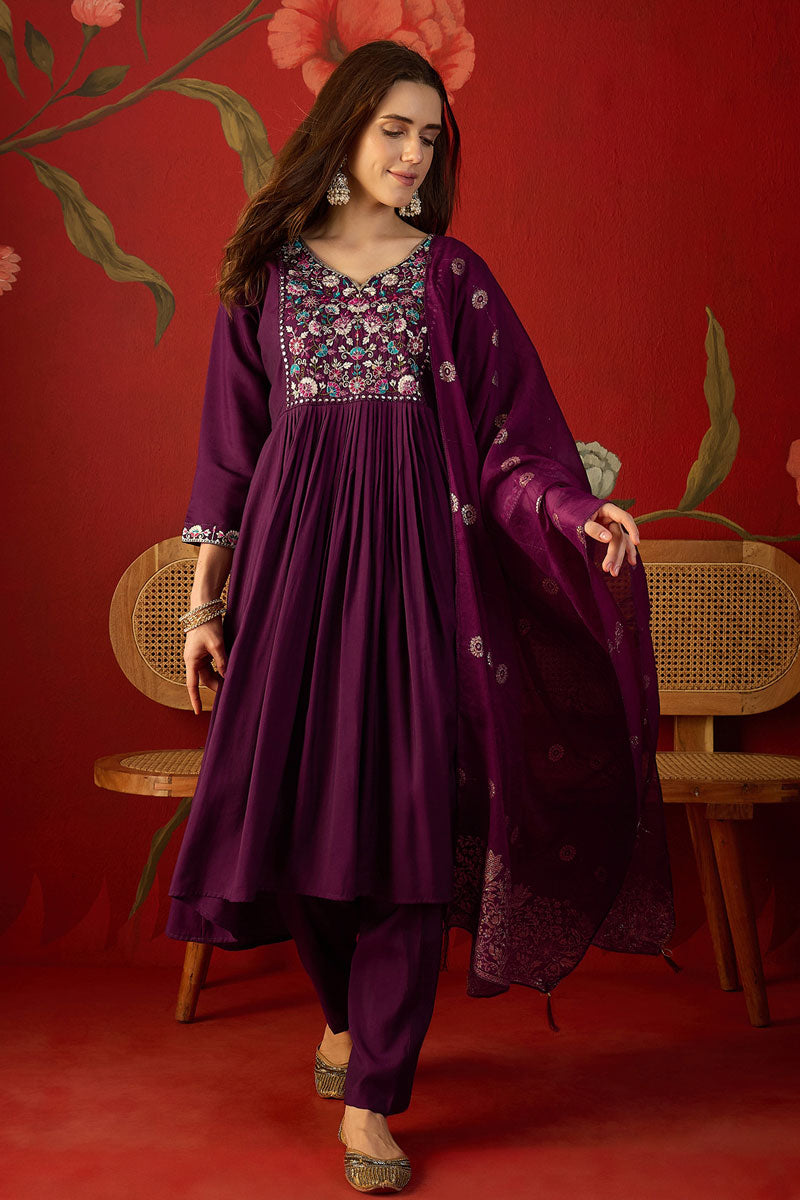 Art Silk Wine Color Readymade Salwar Suit | Buy Online India