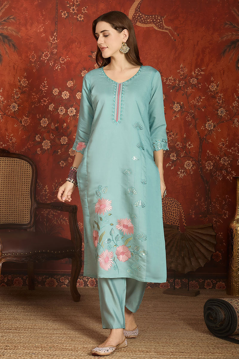 Sky Blue Color Art Silk Readymade Salwar Suit | Buy Online India