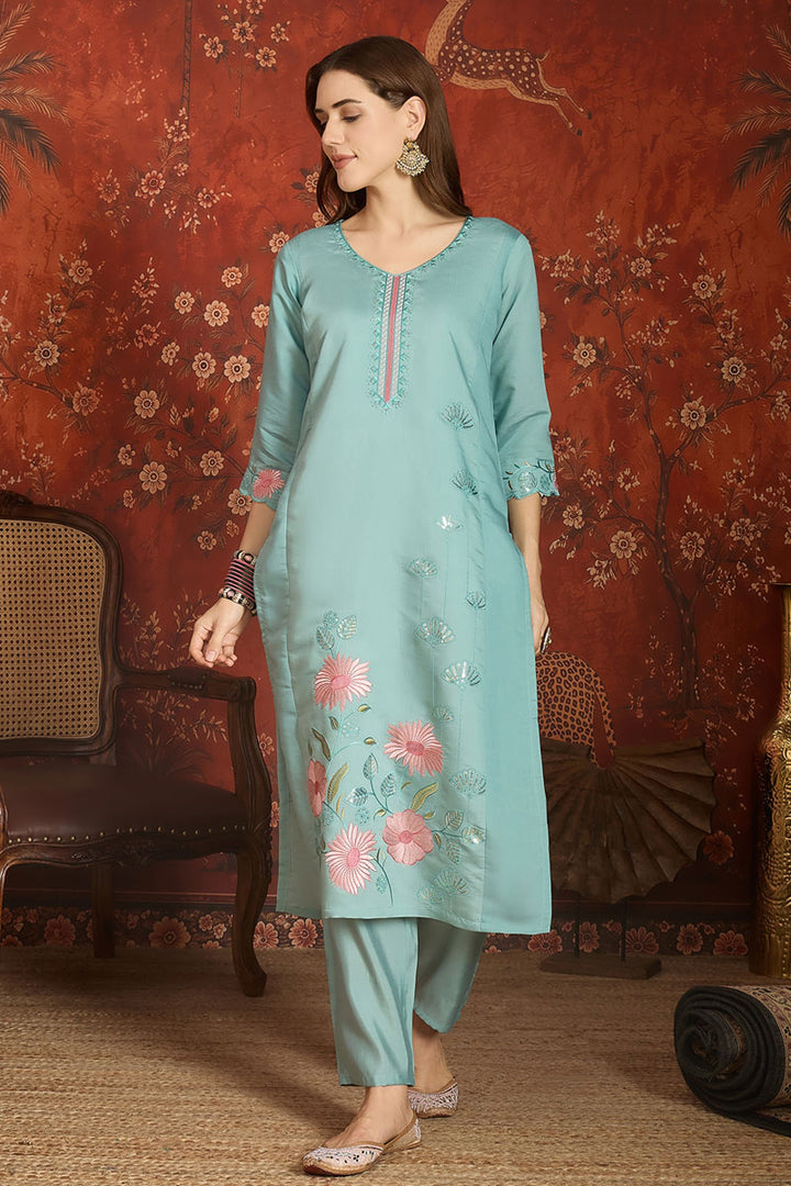 Sky Blue Color Art Silk Readymade Salwar Suit | Buy Online India