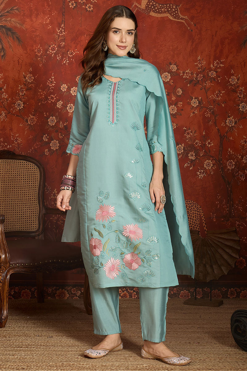 Sky Blue Color Art Silk Readymade Salwar Suit | Buy Online India