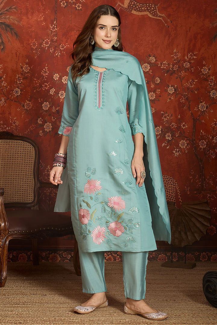 Sky Blue Color Art Silk Readymade Salwar Suit | Buy Online India