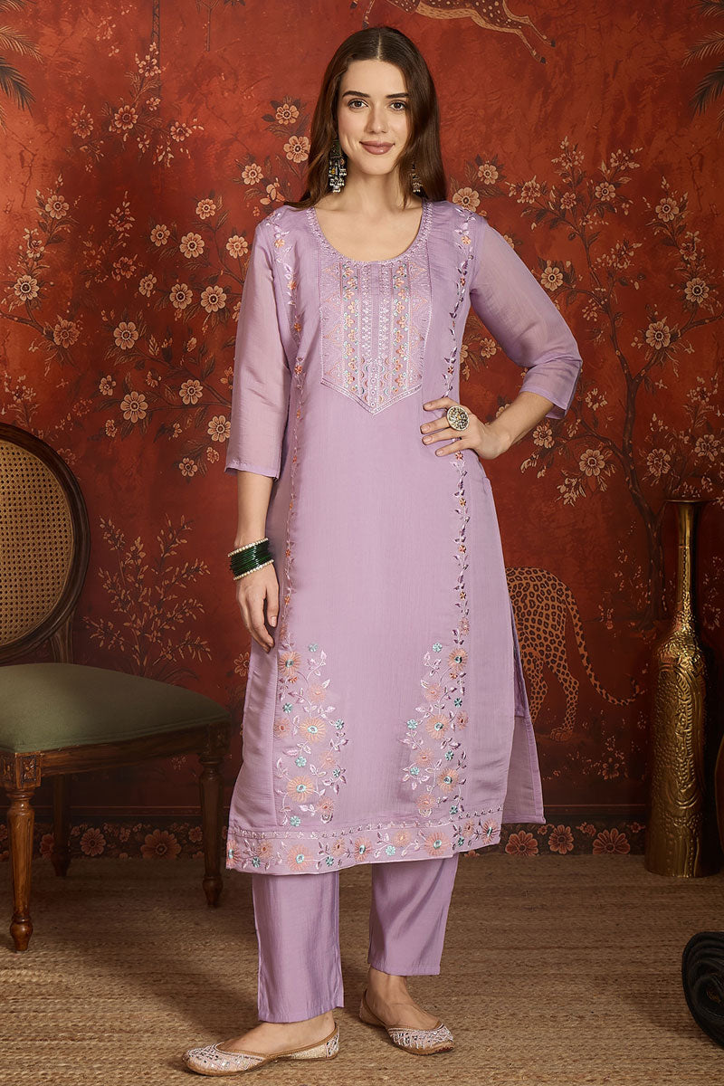 Lavender Color Readymade Chanderi Fabric Salwar Suit | Buy Online India