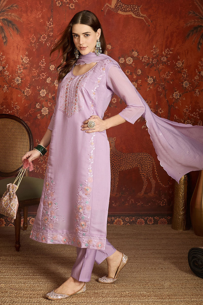 Lavender Color Readymade Chanderi Fabric Salwar Suit | Buy Online India