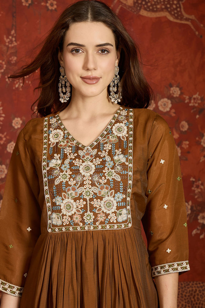 Chanderi Fabric Brown Color Readymade Salwar Suit | Buy Online India