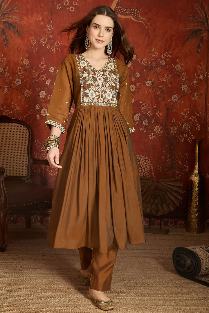 Chanderi Fabric Brown Color Readymade Salwar Suit | Buy Online India