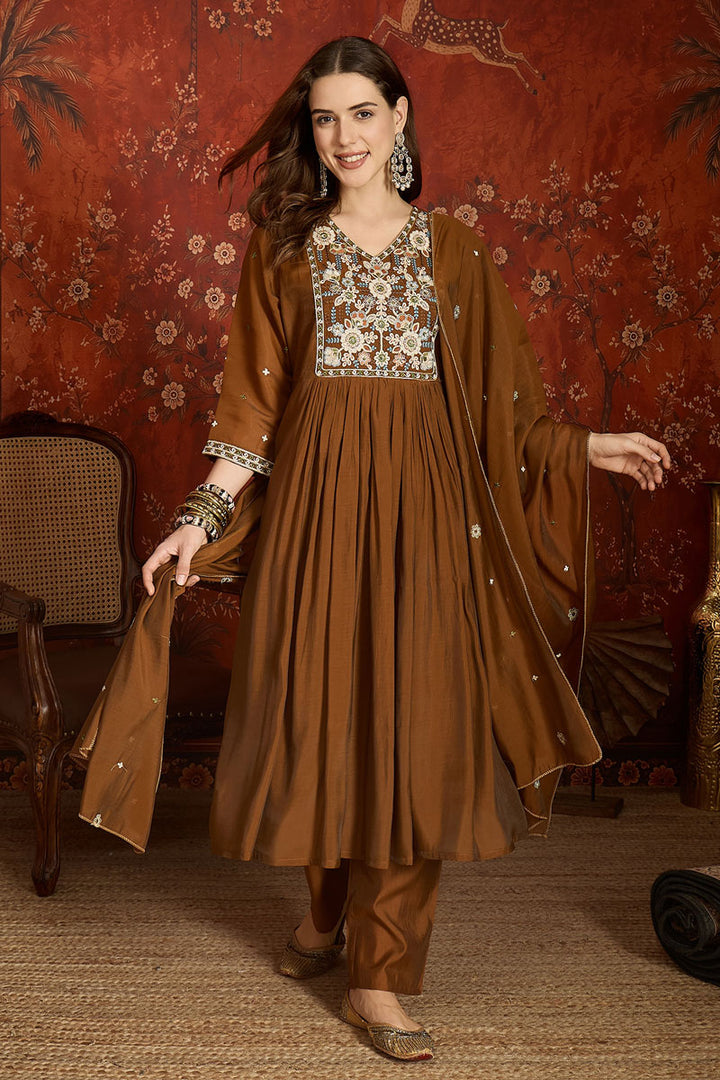Chanderi Fabric Brown Color Readymade Salwar Suit | Buy Online India