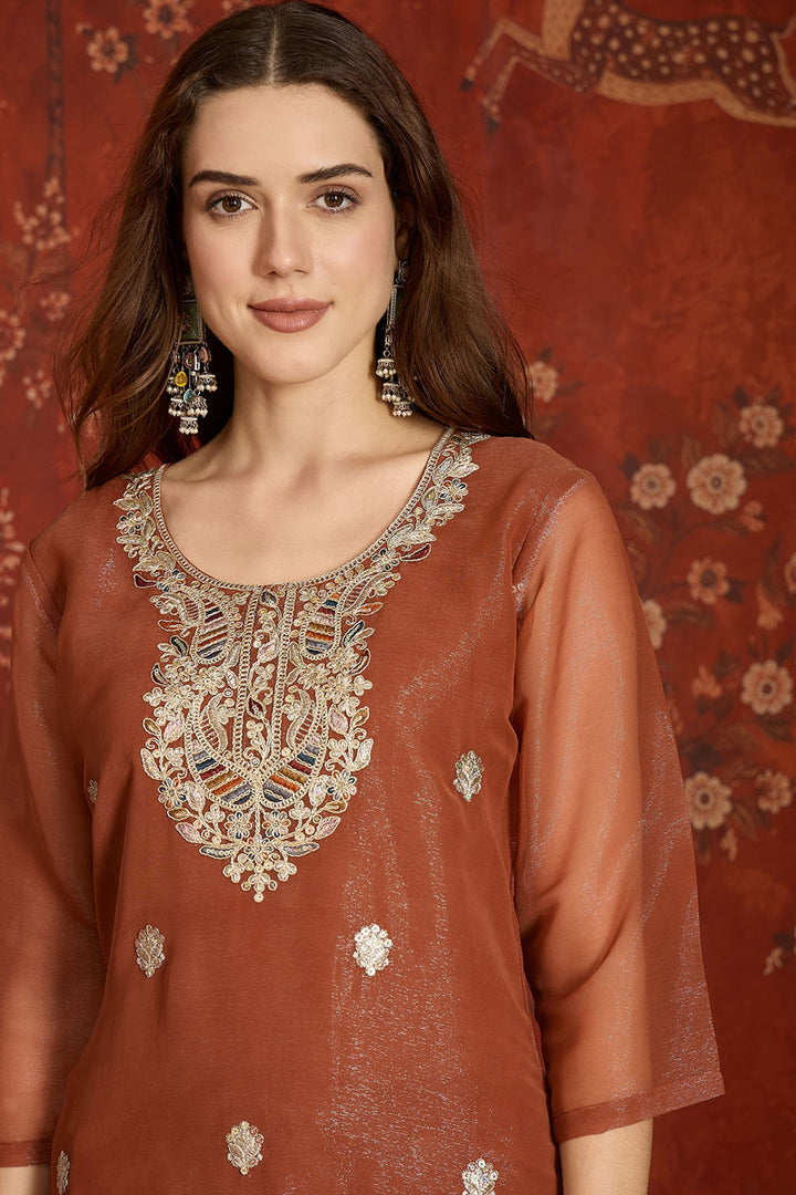 Brown Color Fancy Fabric Readymade Salwar Suit | Buy Online India