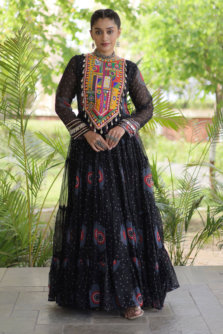 Black Color Bandhani Printed Georgette Readymade Gown