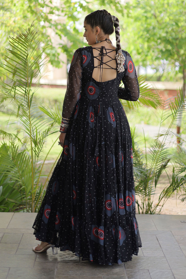 Black Color Bandhani Printed Georgette Readymade Gown
