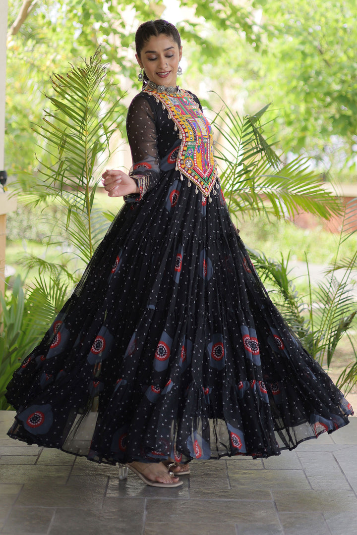 Black Color Bandhani Printed Georgette Readymade Gown