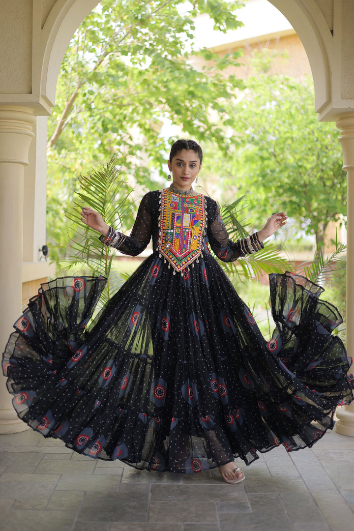 Black Color Bandhani Printed Georgette Readymade Gown