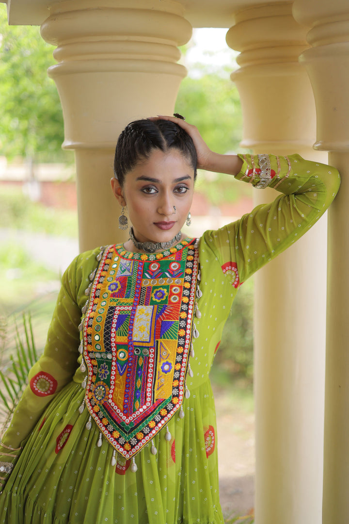 Georgette Readymade Bandhani Printed Gown In Green Color