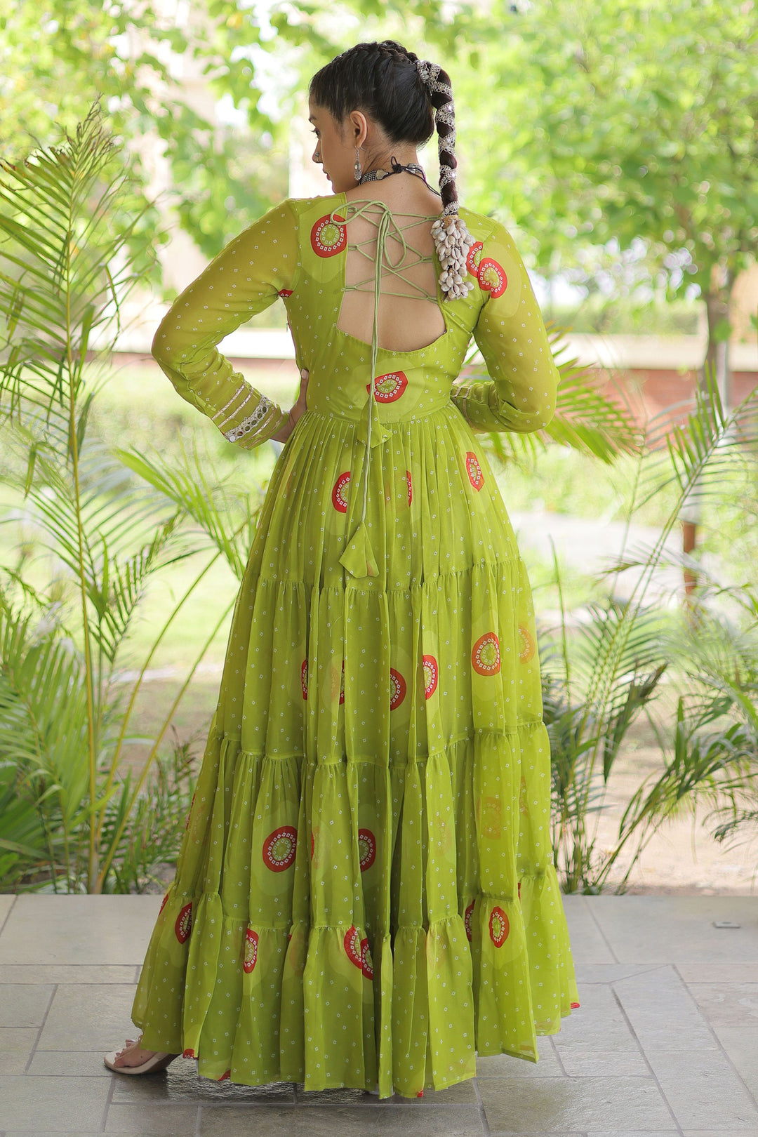 Georgette Readymade Bandhani Printed Gown In Green Color