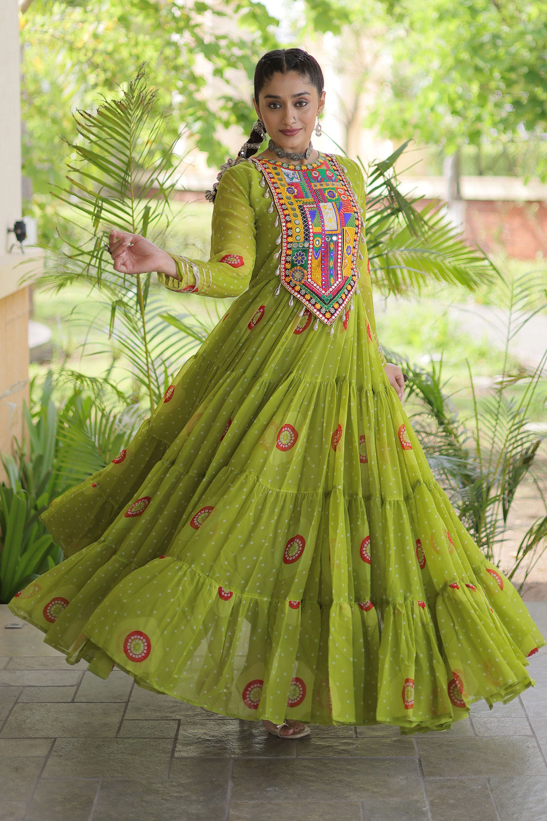 Georgette Readymade Bandhani Printed Gown In Green Color
