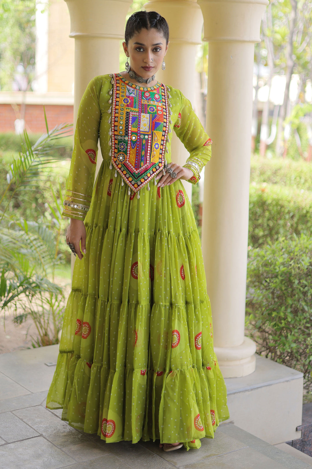 Georgette Readymade Bandhani Printed Gown In Green Color