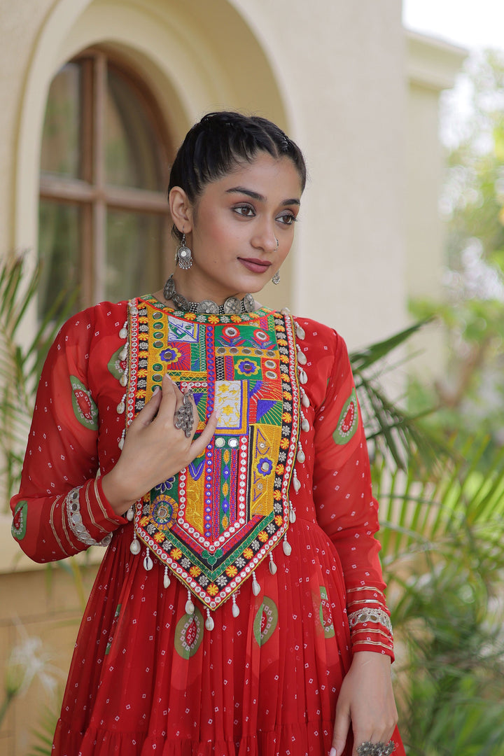 Red Color Readymade Bandhani Printed Georgette Gown