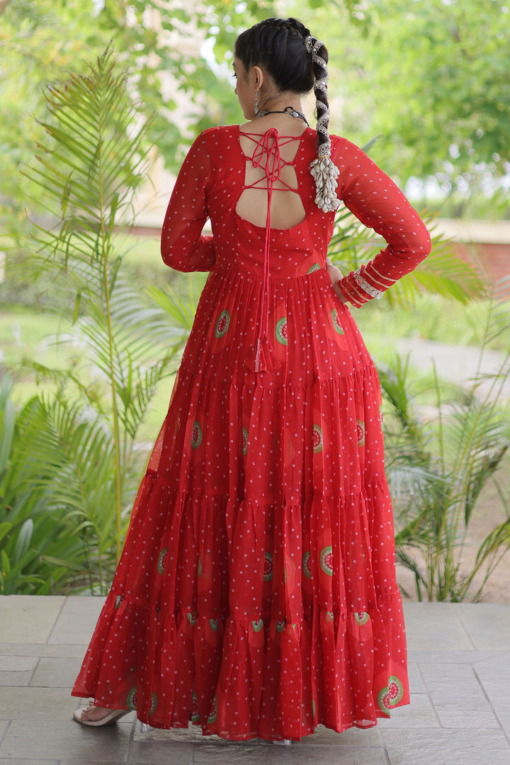 Red Color Readymade Bandhani Printed Georgette Gown