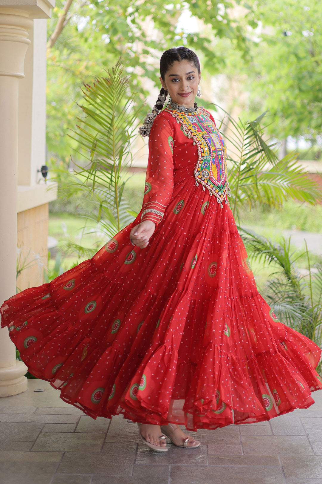 Red Color Readymade Bandhani Printed Georgette Gown