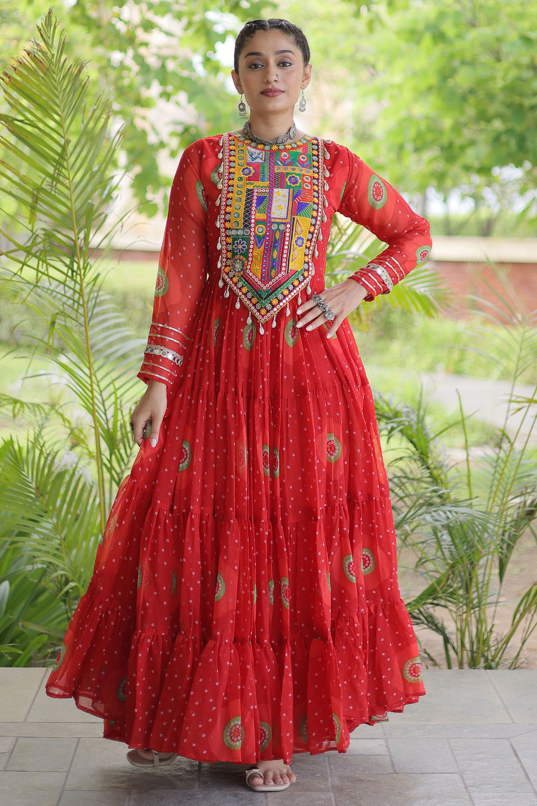 Red Color Readymade Bandhani Printed Georgette Gown