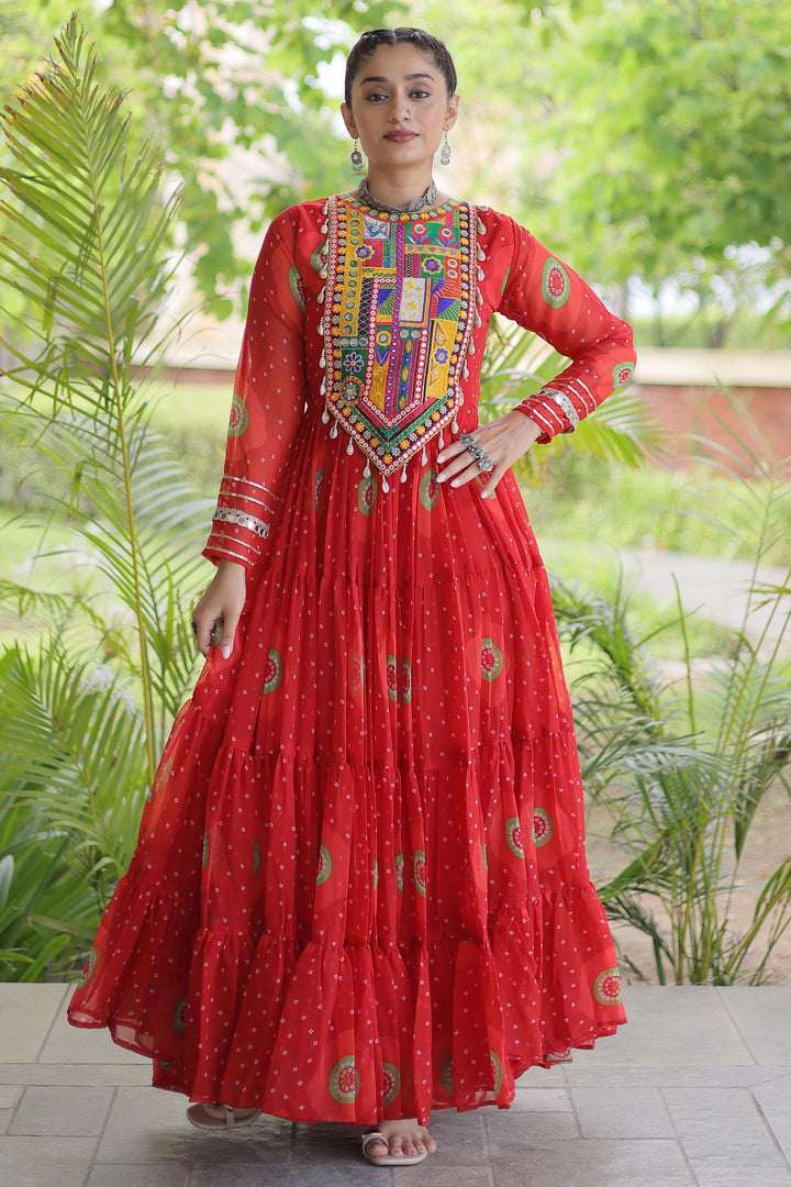 Red Color Readymade Bandhani Printed Georgette Gown