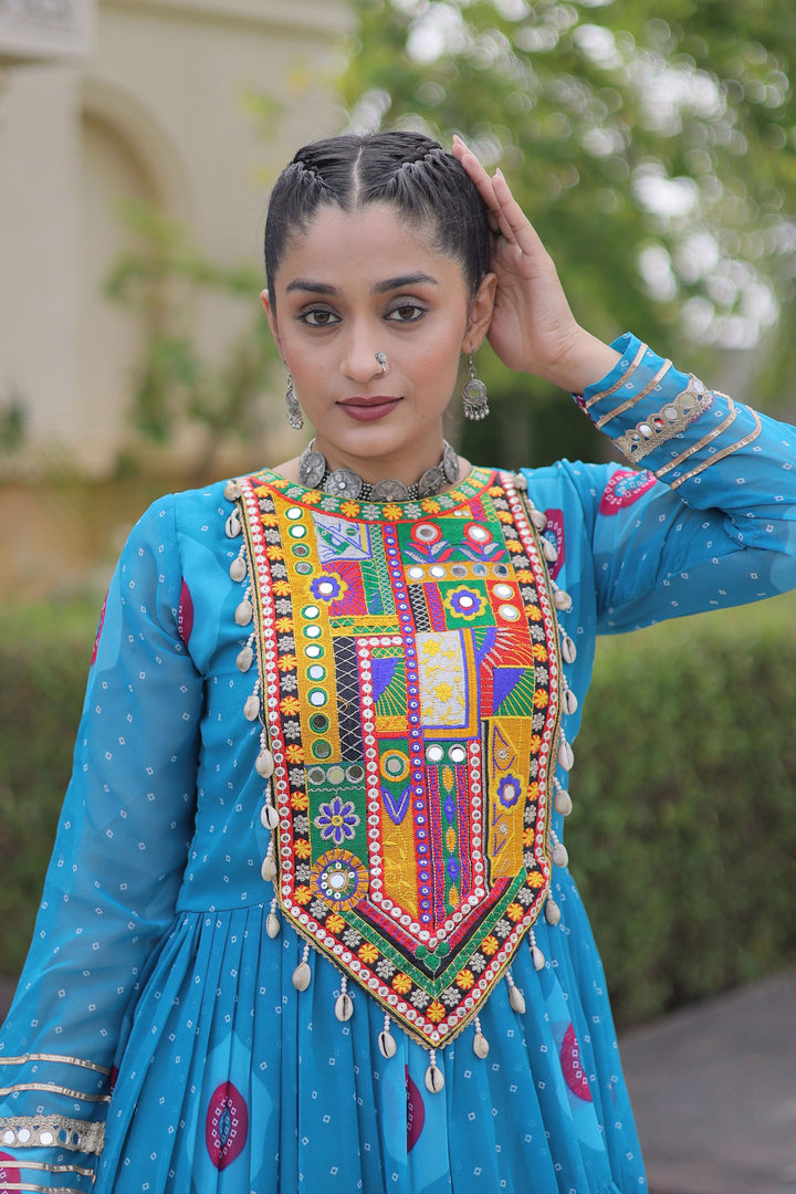 Blue Color Georgette Readymade Bandhani Printed Gown