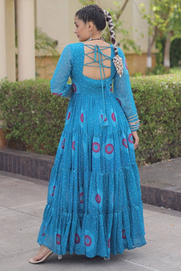 Blue Color Georgette Readymade Bandhani Printed Gown