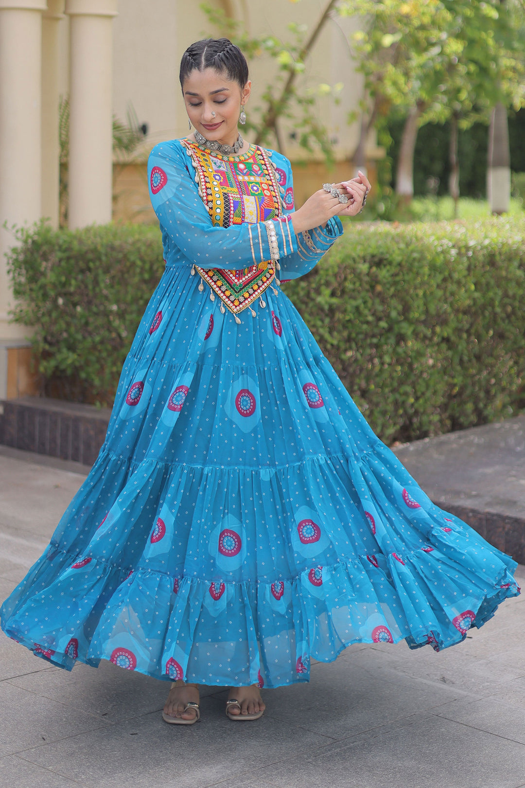 Blue Color Georgette Readymade Bandhani Printed Gown