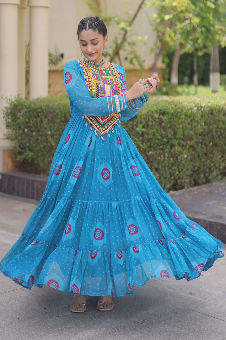 Blue Color Georgette Readymade Bandhani Printed Gown