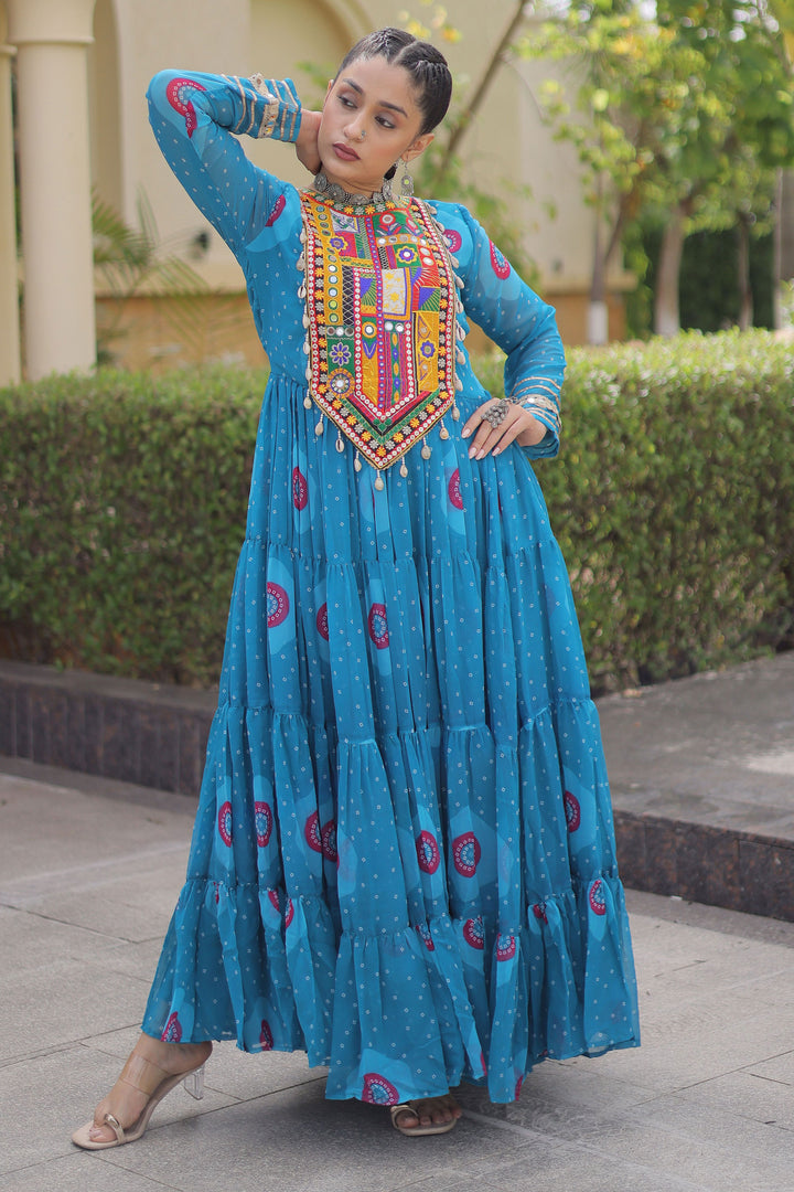 Blue Color Georgette Readymade Bandhani Printed Gown