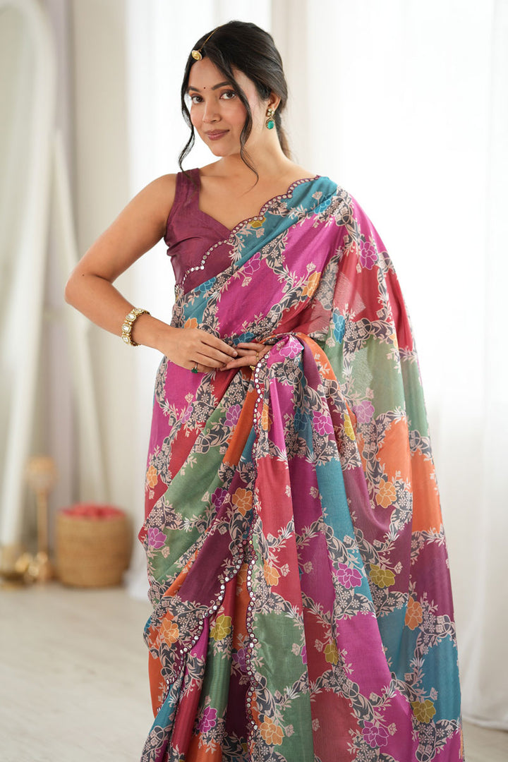 Multi Color Digital Printed On Chinon Fabric Stunning Saree