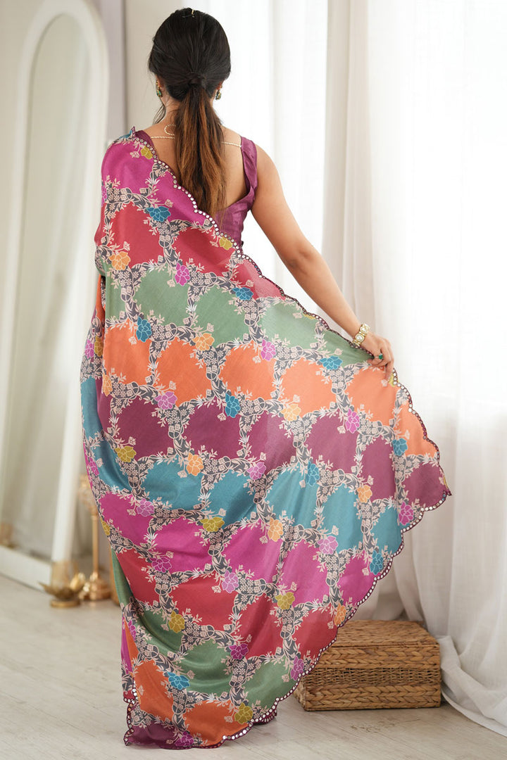 Multi Color Digital Printed On Chinon Fabric Stunning Saree