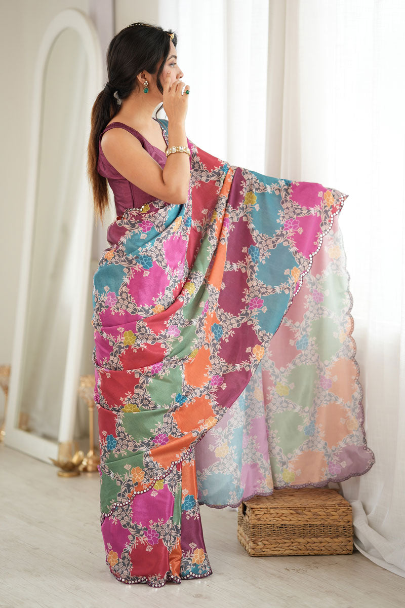 Multi Color Digital Printed On Chinon Fabric Stunning Saree