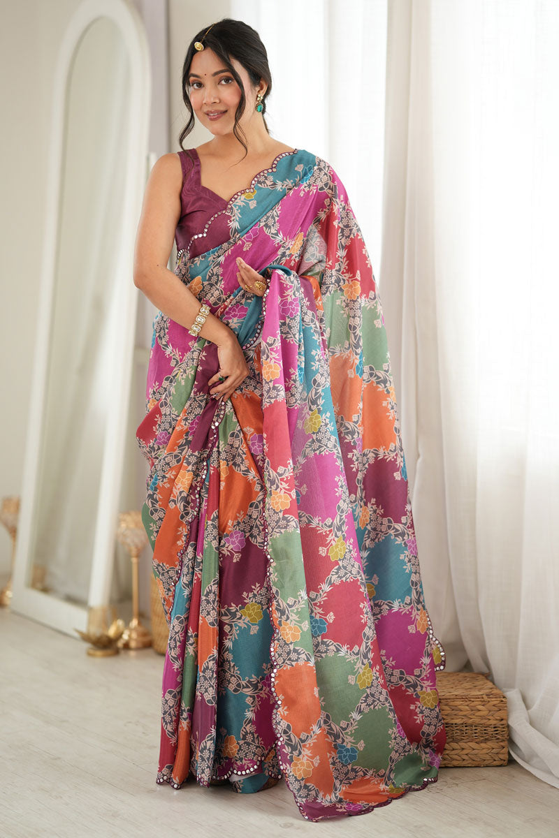 Multi Color Digital Printed On Chinon Fabric Stunning Saree