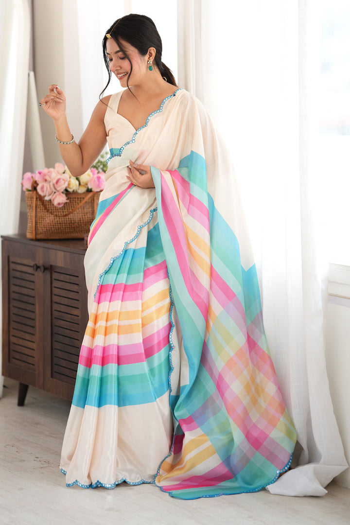 Beguiling Digital Printed On Off White Chinon Fabric Saree