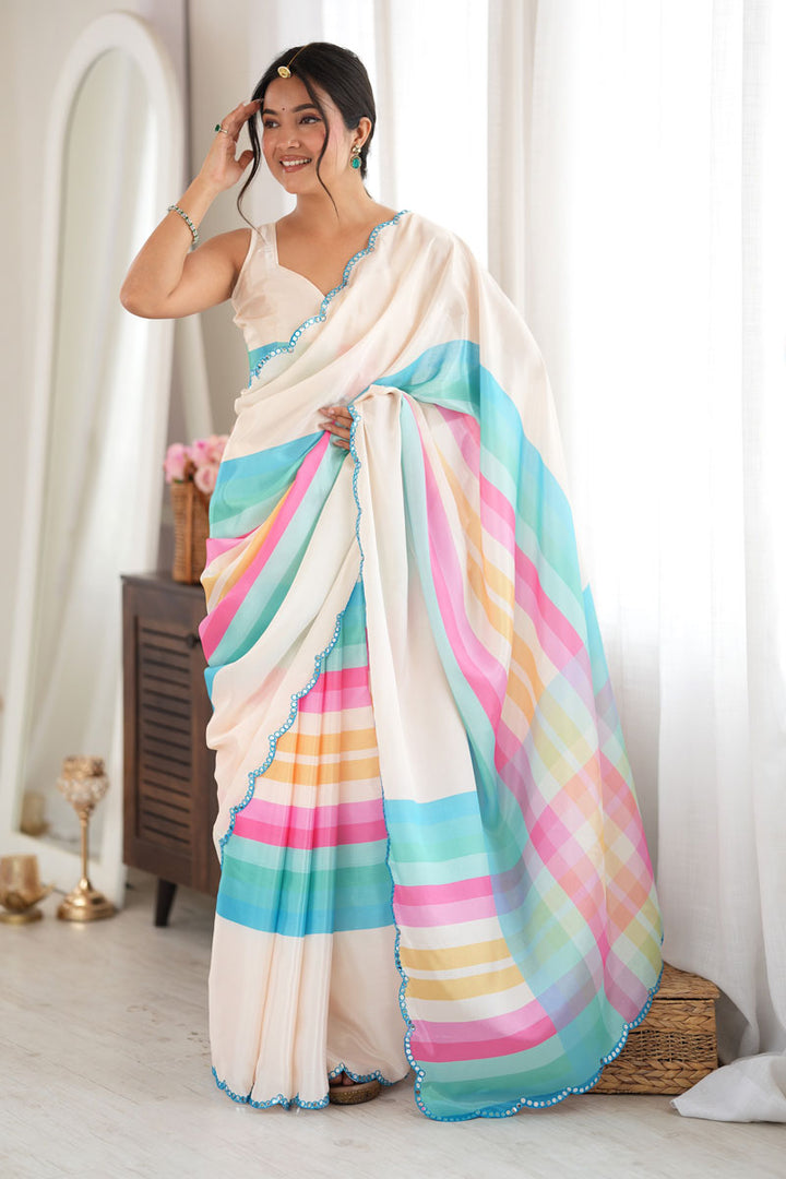 Beguiling Digital Printed On Off White Chinon Fabric Saree