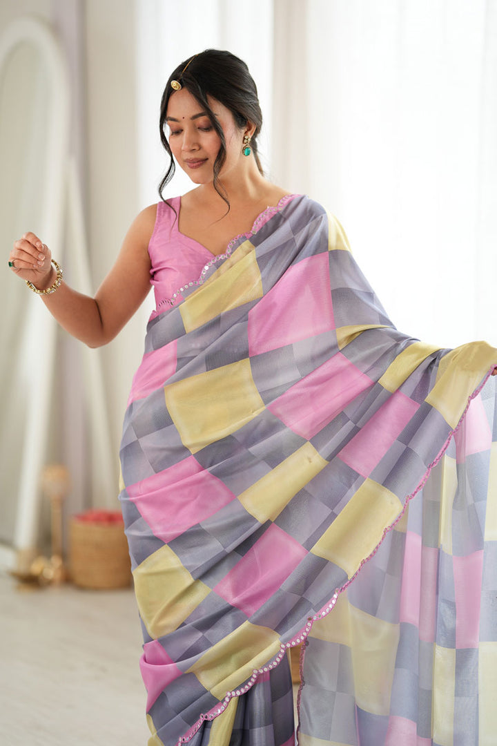 Digital Printed Mirror Cut Work Chinon Fabric Grey Saree