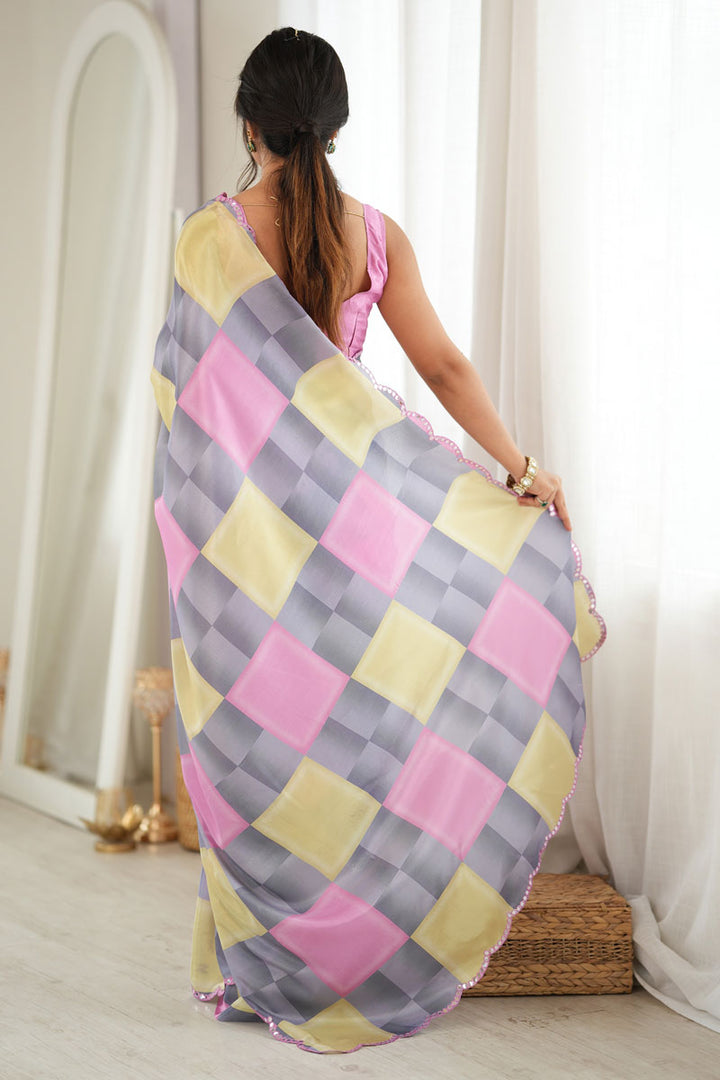 Digital Printed Mirror Cut Work Chinon Fabric Grey Saree