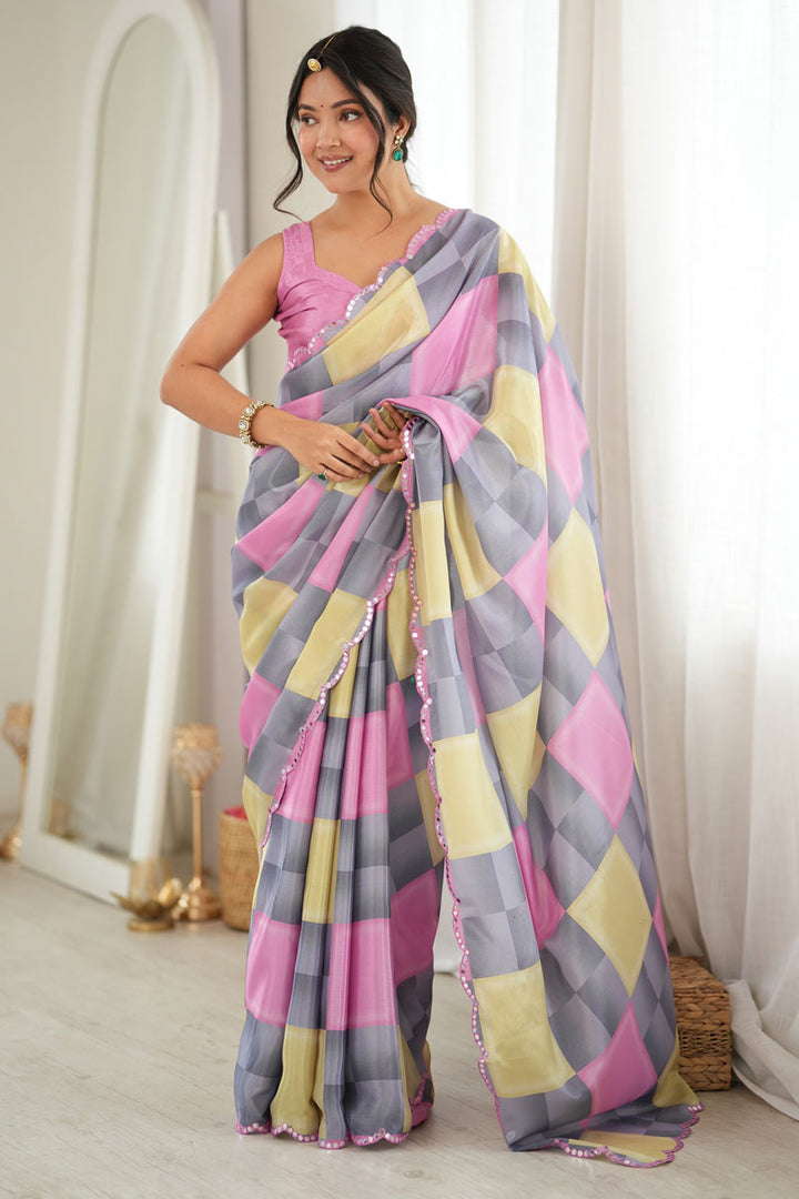 Digital Printed Mirror Cut Work Chinon Fabric Grey Saree