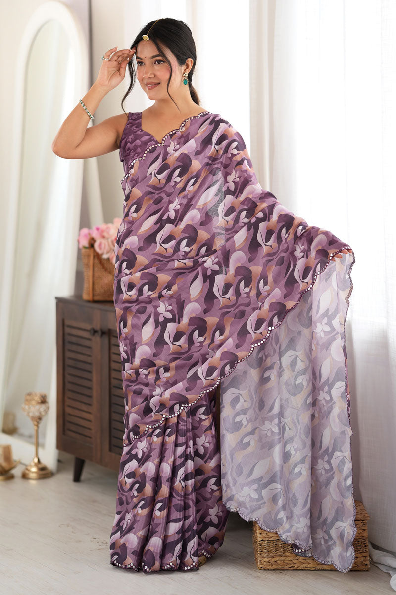 Tempting Chinon Fabric Lavender Mirror Cut Work Saree