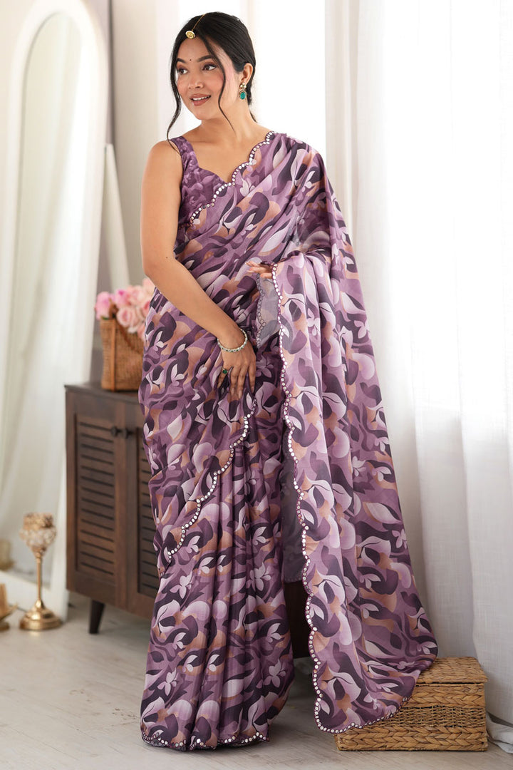 Tempting Chinon Fabric Lavender Mirror Cut Work Saree