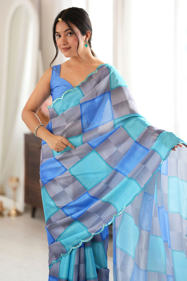 Chinon Fabric Blue Color Mirror Cut Work Saree