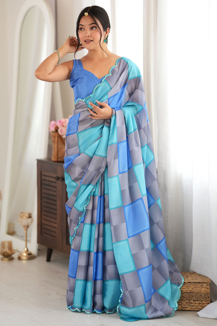 Chinon Fabric Blue Color Mirror Cut Work Saree