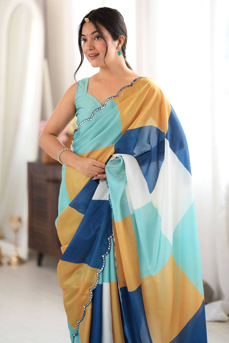 Engaging Multi Color Chinon Fabric Saree With Mirror Cut Work
