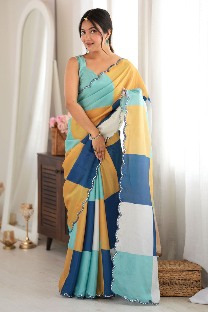 Engaging Multi Color Chinon Fabric Saree With Mirror Cut Work