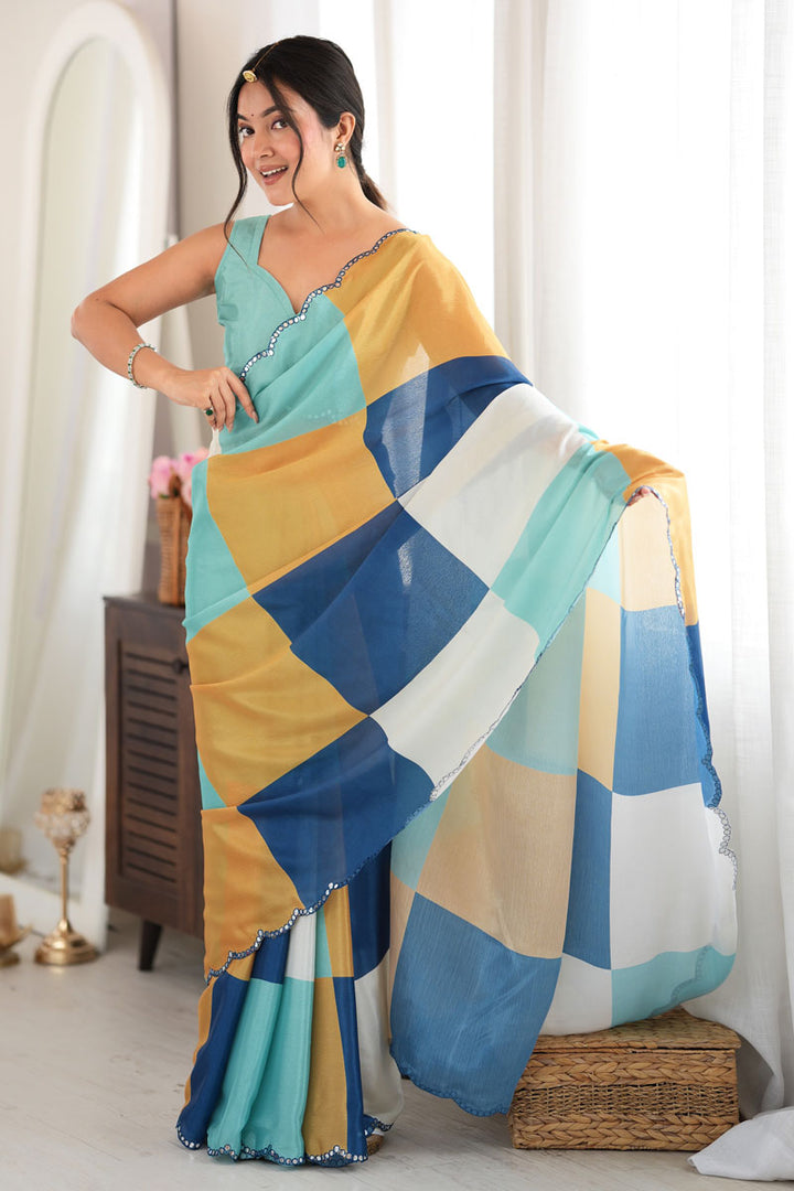 Engaging Multi Color Chinon Fabric Saree With Mirror Cut Work