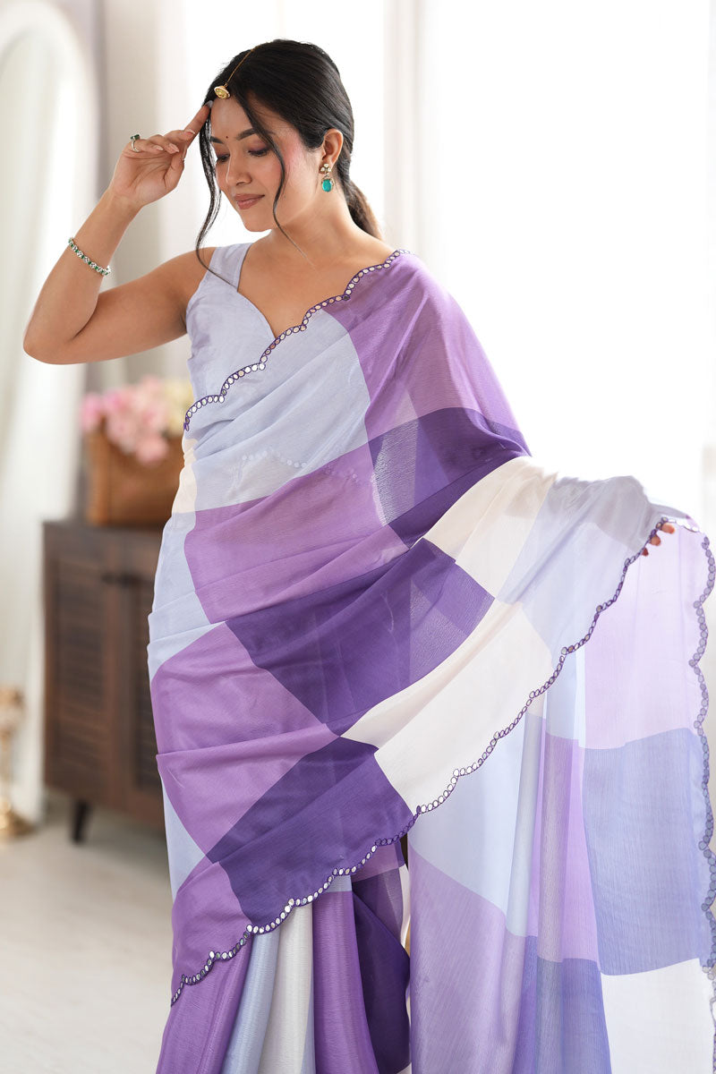 Amazing Digital Printed Mirror Cut Purple Chinon Saree