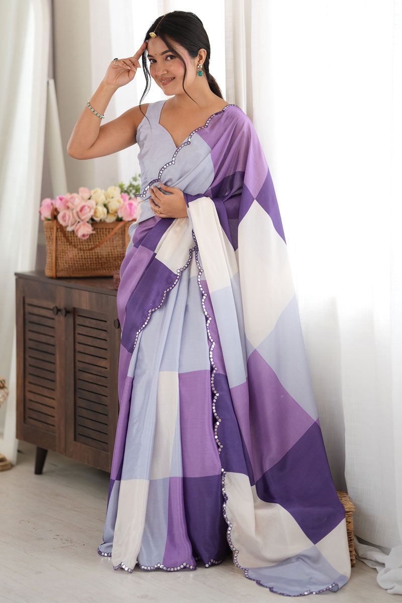 Amazing Digital Printed Mirror Cut Purple Chinon Saree